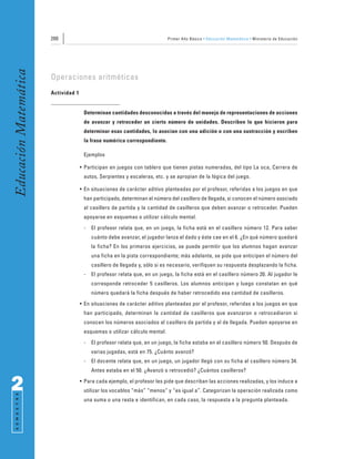 200                                                  Primer Año Básico • Educación Matemática • Ministerio de Educación
Educación Matemática


                       Operaciones aritméticas
                       Actividad 1


                                      Determinan cantidades desconocidas a través del manejo de representaciones de acciones
                                      de avanzar y retroceder un cierto número de unidades. Describen lo que hicieron para
                                      determinar esas cantidades, lo asocian con una adición o con una sustracción y escriben
                                      la frase numérica correspondiente.

                                      Ejemplos

                                     • Participan en juegos con tablero que tienen pistas numeradas, del tipo La oca, Carrera de
                                      autos, Serpientes y escaleras, etc. y se apropian de la lógica del juego.

                                     • En situaciones de carácter aditivo planteadas por el profesor, referidas a los juegos en que
                                      han participado, determinan el número del casillero de llegada, si conocen el número asociado
                                      al casillero de partida y la cantidad de casilleros que deben avanzar o retroceder. Pueden
                                      apoyarse en esquemas o utilizar cálculo mental.
                                      -   El profesor relata que, en un juego, la ficha está en el casillero número 12. Para saber
                                          cuánto debe avanzar, el jugador lanza el dado y éste cae en el 6. ¿En qué número quedará
                                          la ficha? En los primeros ejercicios, se puede permitir que los alumnos hagan avanzar
                                          una ficha en la pista correspondiente; más adelante, se pide que anticipen el número del
                                          casillero de llegada y, sólo si es necesario, verifiquen su respuesta desplazando la ficha.
                                      -   El profesor relata que, en un juego, la ficha está en el casillero número 20. Al jugador le
                                          corresponde retroceder 5 casilleros. Los alumnos anticipan y luego constatan en qué
                                          número quedará la ficha después de haber retrocedido esa cantidad de casilleros.
                                     • En situaciones de carácter aditivo planteadas por el profesor, referidas a los juegos en que
                                      han participado, determinan la cantidad de casilleros que avanzaron o retrocedieron si
                                      conocen los números asociados al casillero de partida y al de llegada. Pueden apoyarse en
                                      esquemas o utilizar cálculo mental.
                                      -   El profesor relata que, en un juego, la ficha estaba en el casillero número 50. Después de
                                          varias jugadas, está en 75. ¿Cuánto avanzó?
                                      -   El docente relata que, en un juego, un jugador llegó con su ficha al casillero número 34.
                                          Antes estaba en el 50. ¿Avanzó o retrocedió? ¿Cuántos casilleros?


2                                    • Para cada ejemplo, el profesor les pide que describan las acciones realizadas, y los induce a
                                      utilizar los vocablos “más” “menos” y “es igual a”. Categorizan la operación realizada como
 S E M E S T R E




                                      una suma o una resta e identifican, en cada caso, la respuesta a la pregunta planteada.
 