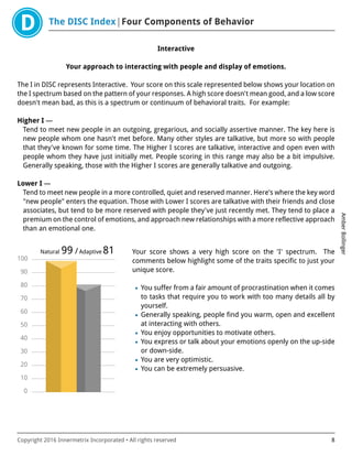 The DISC Index Four Components of Behavior
AmberBollinger
Copyright 2016 Innermetrix Incorporated • All rights reserved 8
Interactive
Your approach to interacting with people and display of emotions.
The I in DISC represents Interactive. Your score on this scale represented below shows your location on
the I spectrum based on the pattern of your responses. A high score doesn't mean good, and a low score
doesn't mean bad, as this is a spectrum or continuum of behavioral traits. For example:
Higher I —
Tend to meet new people in an outgoing, gregarious, and socially assertive manner. The key here is
new people whom one hasn't met before. Many other styles are talkative, but more so with people
that they've known for some time. The Higher I scores are talkative, interactive and open even with
people whom they have just initially met. People scoring in this range may also be a bit impulsive.
Generally speaking, those with the Higher I scores are generally talkative and outgoing.
Lower I —
Tend to meet new people in a more controlled, quiet and reserved manner. Here's where the key word
"new people" enters the equation. Those with Lower I scores are talkative with their friends and close
associates, but tend to be more reserved with people they've just recently met. They tend to place a
premium on the control of emotions, and approach new relationships with a more reflective approach
than an emotional one.
0
10
20
30
40
50
60
70
80
90
100
Natural 99 /Adaptive 81 Your score shows a very high score on the 'I' spectrum. The
comments below highlight some of the traits specific to just your
unique score.
• You suffer from a fair amount of procrastination when it comes
to tasks that require you to work with too many details all by
yourself.
• Generally speaking, people find you warm, open and excellent
at interacting with others.
• You enjoy opportunities to motivate others.
• You express or talk about your emotions openly on the up-side
or down-side.
• You are very optimistic.
• You can be extremely persuasive.
 