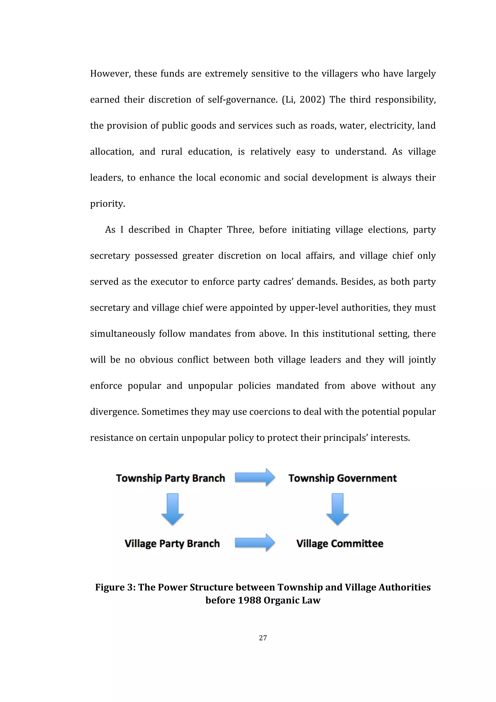  
	
   27	
  
However,	
  these	
  funds	
  are	
  extremely	
  sensitive	
  to	
  the	
  villagers	
  who	
  have	
  largely	
  
earned	
   their	
   discretion	
   of	
   self-­‐governance.	
   (Li,	
   2002)	
   The	
   third	
   responsibility,	
  
the	
  provision	
  of	
  public	
  goods	
  and	
  services	
  such	
  as	
  roads,	
  water,	
  electricity,	
  land	
  
allocation,	
   and	
   rural	
   education,	
   is	
   relatively	
   easy	
   to	
   understand.	
   As	
   village	
  
leaders,	
  to	
  enhance	
  the	
  local	
  economic	
  and	
  social	
  development	
  is	
  always	
  their	
  
priority.	
  
As	
   I	
   described	
   in	
   Chapter	
   Three,	
   before	
   initiating	
   village	
   elections,	
   party	
  
secretary	
   possessed	
   greater	
   discretion	
   on	
   local	
   affairs,	
   and	
   village	
   chief	
   only	
  
served	
  as	
  the	
  executor	
  to	
  enforce	
  party	
  cadres’	
  demands.	
  Besides,	
  as	
  both	
  party	
  
secretary	
  and	
  village	
  chief	
  were	
  appointed	
  by	
  upper-­‐level	
  authorities,	
  they	
  must	
  
simultaneously	
  follow	
  mandates	
  from	
  above.	
  In	
  this	
  institutional	
  setting,	
  there	
  
will	
   be	
   no	
   obvious	
   conflict	
   between	
   both	
   village	
   leaders	
   and	
   they	
   will	
   jointly	
  
enforce	
   popular	
   and	
   unpopular	
   policies	
   mandated	
   from	
   above	
   without	
   any	
  
divergence.	
  Sometimes	
  they	
  may	
  use	
  coercions	
  to	
  deal	
  with	
  the	
  potential	
  popular	
  
resistance	
  on	
  certain	
  unpopular	
  policy	
  to	
  protect	
  their	
  principals’	
  interests.	
   	
  
	
  
Figure	
  3:	
  The	
  Power	
  Structure	
  between	
  Township	
  and	
  Village	
  Authorities	
  
before	
  1988	
  Organic	
  Law	
  
 