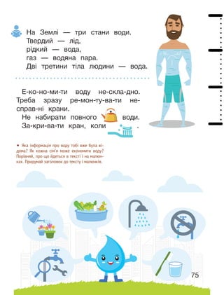 75
На Землі — три стани води.
Твердий — лід,
рідкий — вода,
газ — водяна пара.
Дві третини тіла людини — вода.
Е-ко-но-ми-ти воду не-скла-дно.
Треба зразу ре-мон-ту-ва-ти не-
справ-ні крани.
Не набирати повного води.
За-кри-ва-ти кран, коли .
• Яка інформація про воду тобі вже була ві-
дома? Як кожна сім’я може економити воду?
Порівняй, про що йдеться в тексті і на малюн-
ках. Придумай заголовок до тексту і малюнків.
 