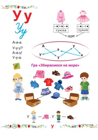 30
У у
А
у
у
а
а
У
–● =● –●
туніка
′ –● –=●
сукня
′
одяг
А-а-а.
У-у-у?
А-а-у!
У-у-а.
Гра «Збираємося на море»
У — . У — .
У
 