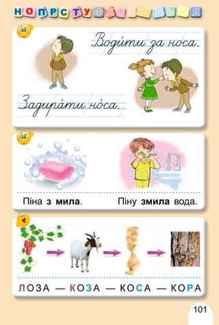 101
Л О З А — К О З А — КО С А — КО Р А
Піна з мила. Піну змила вода.
 