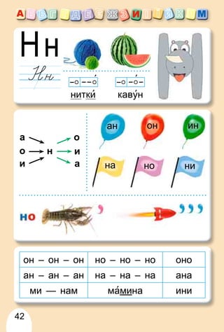 42
нитки кавун
он – он – он но – но – но оно
ан – ан – ан на – на – на ана
ми — нам мамина ини
он
ан ин
на но ни
н
и а
о и
а о
 