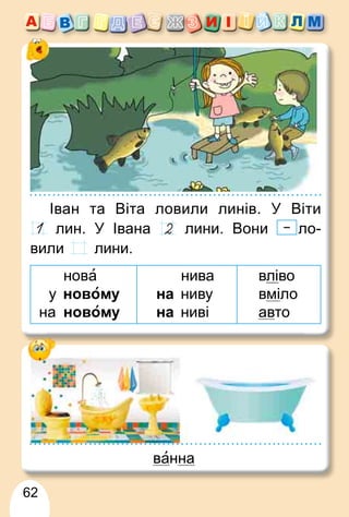 62
ванна
Іван та Віта ловили линів. У Віти
лин. У Івана лини. Вони ло-
вили лини.
нова
у новому
на новому
нива
на ниву
на ниві
вліво
вміло
авто
 