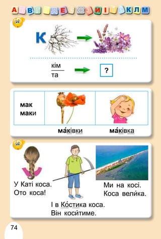 74
У Каті коса.
Ото коса!
І в Костика коса.
Він коси́тиме.
Ми на косі.
Коса вели́ка.
кім
та
?
мак
маки
маківки маківка
 