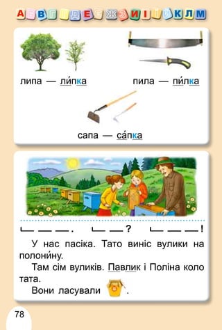 78
липа — липка
сапа — сапка
пила — пилка
. !
У нас пасіка. Тато виніс вулики на
полонину.
Там сім вуликів. Павлик і Поліна коло
тата.
Вони ласували .
?
 