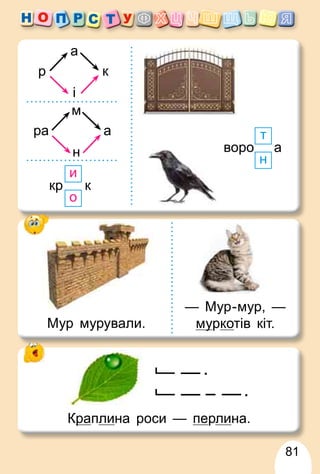 81
.
а
і
р к
воро а
н
т
м
н
ра а
кр к
о
и
.
Кра
р плина роси — перлина.
Мур мурували.
— Мур-мур, —
му
уркотів кіт.
 