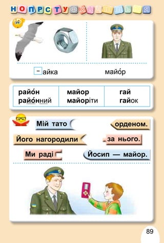 89
район
районний
майор
майоріти
гай
гайок
майор
айка
орденом
орденом.
Його нагородили
Мій тато
Й
Йосип — майор.
Ми раді
за нього.
 