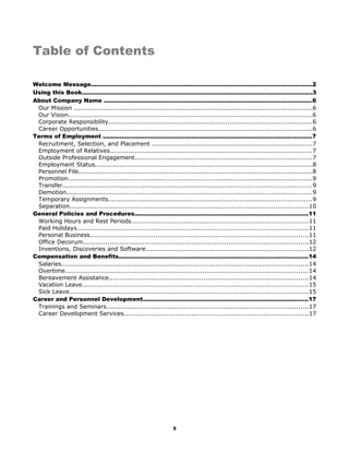 Table of Contents
Welcome Message.....................................................................................................................2
Using this Book..........................................................................................................................3
About Company Name ..............................................................................................................6
Our Mission ....................................................................................................................6
Our Vision.......................................................................................................................6
Corporate Responsibility...................................................................................................6
Career Opportunities........................................................................................................6
Terms of Employment ...............................................................................................................7
Recruitment, Selection, and Placement ..............................................................................7
Employment of Relatives..................................................................................................7
Outside Professional Engagement......................................................................................7
Employment Status..........................................................................................................8
Personnel File..................................................................................................................8
Promotion.......................................................................................................................9
Transfer.........................................................................................................................9
Demotion.......................................................................................................................9
Temporary Assignments...................................................................................................9
Separation....................................................................................................................10
General Policies and Procedures............................................................................................11
Working Hours and Rest Periods......................................................................................11
Paid Holidays.................................................................................................................11
Personal Business..........................................................................................................11
Office Decorum..............................................................................................................12
Inventions, Discoveries and Software...............................................................................12
Compensation and Benefits....................................................................................................14
Salaries........................................................................................................................14
Overtime......................................................................................................................14
Bereavement Assistance.................................................................................................14
Vacation Leave..............................................................................................................15
Sick Leave....................................................................................................................15
Career and Personnel Development........................................................................................17
Trainings and Seminars..................................................................................................17
Career Development Services..........................................................................................17
5
 