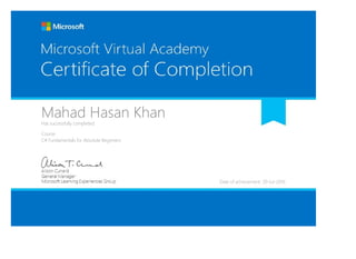 Mahad Hasan KhanHas successfully completed:
Course
C# Fundamentals for Absolute Beginners
Date of achievement: 20-Jul-2016
 