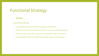 Functional Strategy
4. Finance
• Initial Public Offering
• Launched early: the quarter after the business turned profitable
• Waited for growth to ensure stock price would increase the worth of the business
• Didn’t give away much (10%): ensure control and positive impact on net worth
• Good qualitative reason for early IPO: garner public support for the company
 