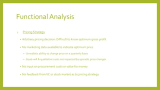 Functional Analysis
1. Pricing Strategy
• Arbitrary pricing decision: Difficult to know optimum gross profit
• No marketing data available to indicate optimum price
• Unrealistic ability to change price on a quarterly basis
• Good-will & qualitative costs not impacted by sporadic price changes
• No input on procurement costs or value for money
• No feedback fromVC or stock market as to pricing strategy
 