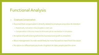 Functional Analysis
3. Employee Compensation
• Assumed that compensation is directly related to employee acquisition & retention
• Realistically motivation is less tangible in start-ups
• Compensation is the only means to eliminate job dis-satisfaction in simulation
• An option of profit sharing before the business turns profit is unrealistic
• Micro management: founder would likely be more focused on more front line issues
• No option to differentiate pay levels: Engineers & Sales people paid the same
 