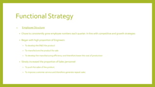 Functional Strategy
2. Employee Structure
• Chose to consistently grow employee numbers each quarter: In line with competitive and growth strategies
• Began with high proportion of Engineers
• To develop the R&D the product
• To manufacture the product for sale
• To develop the manufacturing efficiency and therefore lower the cost of production
• Slowly increased the proportion of Sales personnel
• To push the sales of the product
• To improve customer service and therefore generate repeat sales
 