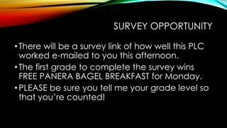 SURVEY OPPORTUNITY
•There will be a survey link of how well this PLC
worked e-mailed to you this afternoon.
•The first grade to complete the survey wins
FREE PANERA BAGEL BREAKFAST for Monday.
•PLEASE be sure you tell me your grade level so
that you’re counted!
 