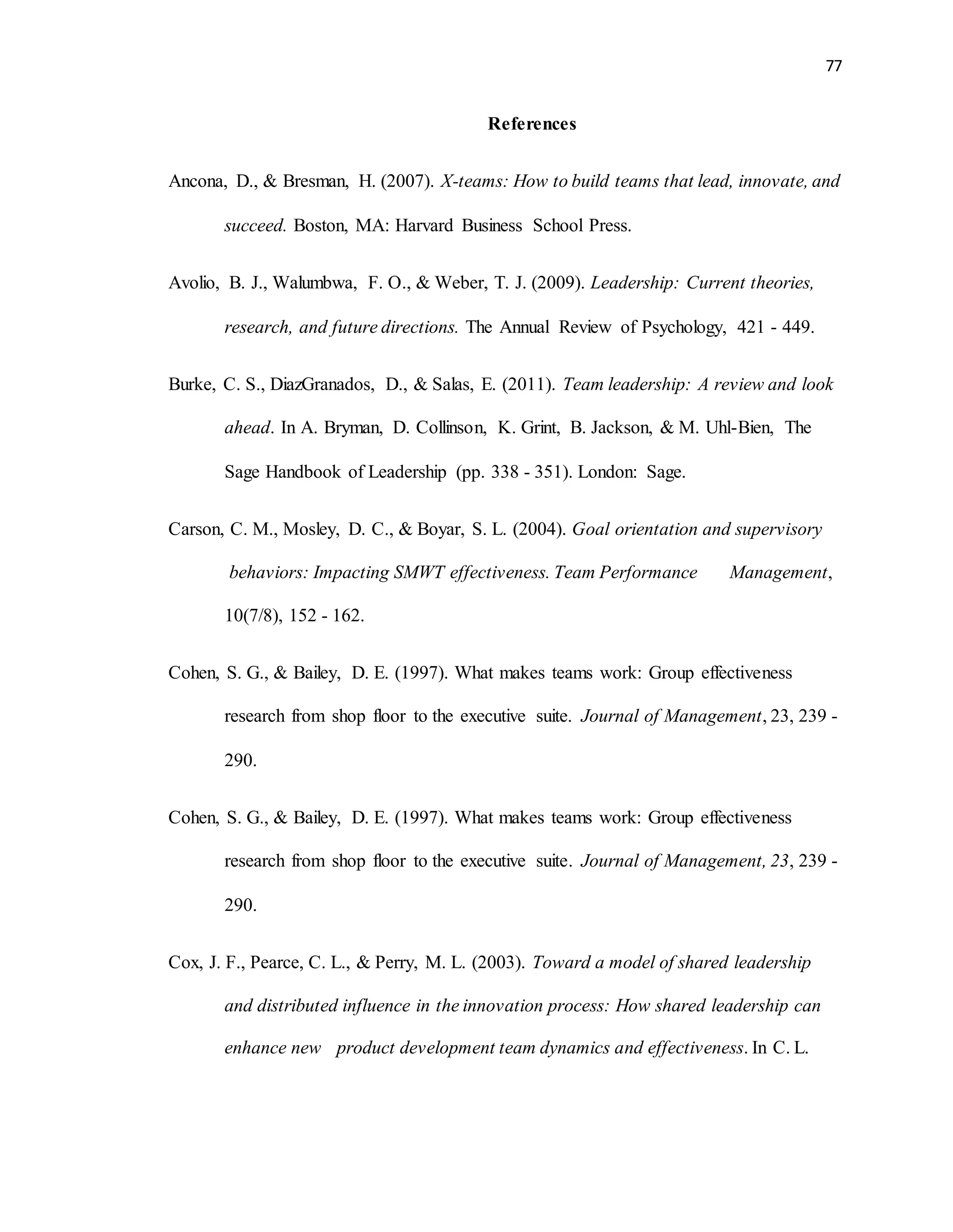 77
References
Ancona, D., & Bresman, H. (2007). X-teams: How to build teams that lead, innovate, and
succeed. Boston, MA: Harvard Business School Press.
Avolio, B. J., Walumbwa, F. O., & Weber, T. J. (2009). Leadership: Current theories,
research, and future directions. The Annual Review of Psychology, 421 - 449.
Burke, C. S., DiazGranados, D., & Salas, E. (2011). Team leadership: A review and look
ahead. In A. Bryman, D. Collinson, K. Grint, B. Jackson, & M. Uhl-Bien, The
Sage Handbook of Leadership (pp. 338 - 351). London: Sage.
Carson, C. M., Mosley, D. C., & Boyar, S. L. (2004). Goal orientation and supervisory
behaviors: Impacting SMWT effectiveness. Team Performance Management,
10(7/8), 152 - 162.
Cohen, S. G., & Bailey, D. E. (1997). What makes teams work: Group effectiveness
research from shop floor to the executive suite. Journal of Management, 23, 239 -
290.
Cohen, S. G., & Bailey, D. E. (1997). What makes teams work: Group effectiveness
research from shop floor to the executive suite. Journal of Management, 23, 239 -
290.
Cox, J. F., Pearce, C. L., & Perry, M. L. (2003). Toward a model of shared leadership
and distributed influence in the innovation process: How shared leadership can
enhance new product development team dynamics and effectiveness. In C. L.
 