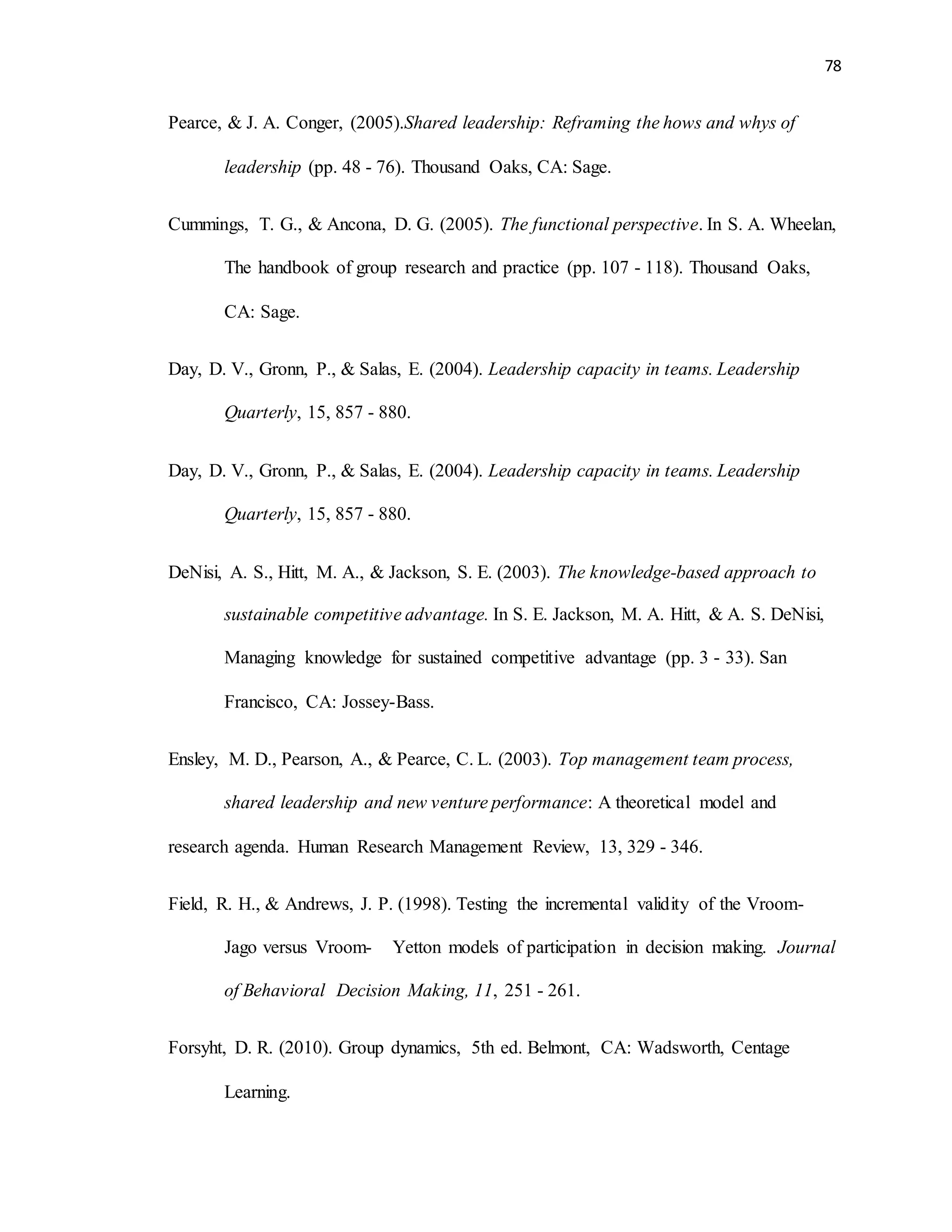 78
Pearce, & J. A. Conger, (2005).Shared leadership: Reframing the hows and whys of
leadership (pp. 48 - 76). Thousand Oaks, CA: Sage.
Cummings, T. G., & Ancona, D. G. (2005). The functional perspective. In S. A. Wheelan,
The handbook of group research and practice (pp. 107 - 118). Thousand Oaks,
CA: Sage.
Day, D. V., Gronn, P., & Salas, E. (2004). Leadership capacity in teams. Leadership
Quarterly, 15, 857 - 880.
Day, D. V., Gronn, P., & Salas, E. (2004). Leadership capacity in teams. Leadership
Quarterly, 15, 857 - 880.
DeNisi, A. S., Hitt, M. A., & Jackson, S. E. (2003). The knowledge-based approach to
sustainable competitive advantage. In S. E. Jackson, M. A. Hitt, & A. S. DeNisi,
Managing knowledge for sustained competitive advantage (pp. 3 - 33). San
Francisco, CA: Jossey-Bass.
Ensley, M. D., Pearson, A., & Pearce, C. L. (2003). Top management team process,
shared leadership and new venture performance: A theoretical model and
research agenda. Human Research Management Review, 13, 329 - 346.
Field, R. H., & Andrews, J. P. (1998). Testing the incremental validity of the Vroom-
Jago versus Vroom- Yetton models of participation in decision making. Journal
of Behavioral Decision Making, 11, 251 - 261.
Forsyht, D. R. (2010). Group dynamics, 5th ed. Belmont, CA: Wadsworth, Centage
Learning.
 