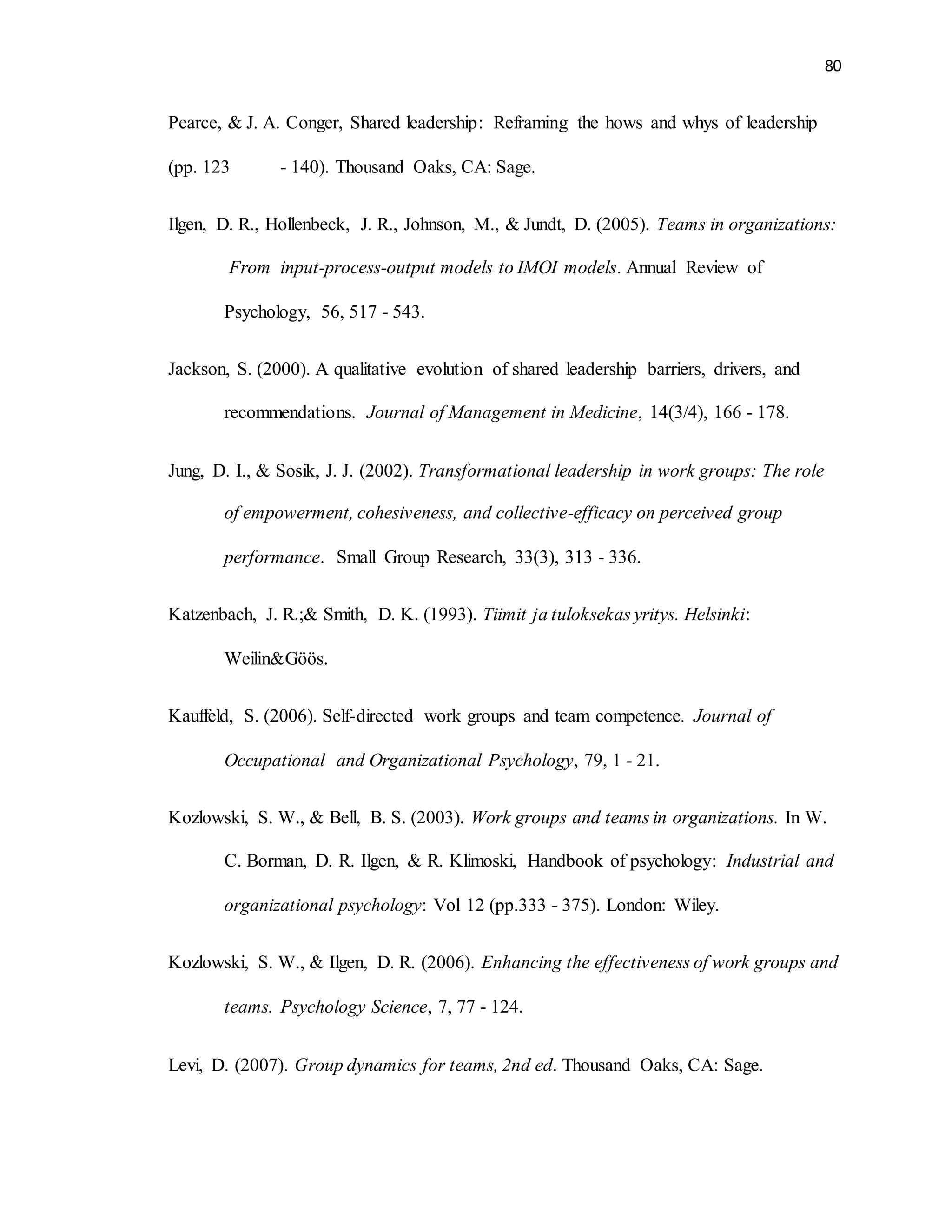 80
Pearce, & J. A. Conger, Shared leadership: Reframing the hows and whys of leadership
(pp. 123 - 140). Thousand Oaks, CA: Sage.
Ilgen, D. R., Hollenbeck, J. R., Johnson, M., & Jundt, D. (2005). Teams in organizations:
From input-process-output models to IMOI models. Annual Review of
Psychology, 56, 517 - 543.
Jackson, S. (2000). A qualitative evolution of shared leadership barriers, drivers, and
recommendations. Journal of Management in Medicine, 14(3/4), 166 - 178.
Jung, D. I., & Sosik, J. J. (2002). Transformational leadership in work groups: The role
of empowerment, cohesiveness, and collective-efficacy on perceived group
performance. Small Group Research, 33(3), 313 - 336.
Katzenbach, J. R.;& Smith, D. K. (1993). Tiimit ja tuloksekas yritys. Helsinki:
Weilin&Göös.
Kauffeld, S. (2006). Self-directed work groups and team competence. Journal of
Occupational and Organizational Psychology, 79, 1 - 21.
Kozlowski, S. W., & Bell, B. S. (2003). Work groups and teams in organizations. In W.
C. Borman, D. R. Ilgen, & R. Klimoski, Handbook of psychology: Industrial and
organizational psychology: Vol 12 (pp.333 - 375). London: Wiley.
Kozlowski, S. W., & Ilgen, D. R. (2006). Enhancing the effectiveness of work groups and
teams. Psychology Science, 7, 77 - 124.
Levi, D. (2007). Group dynamics for teams, 2nd ed. Thousand Oaks, CA: Sage.
 