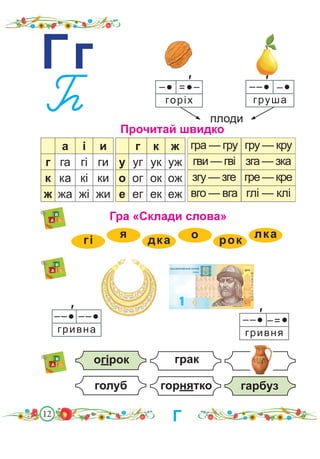 12
Гг
плоди
Прочитай швидко
––● –●
груша
–● =●–
горіх
′
Гра «Склади слова»
а і и
г га гі ги
к ка кі ки
ж жа жі жи
гра — гру
гви — гві
згу — зге
вго — вга
г к ж
у уг ук уж
о ог ок ож
е ег ек еж
′
гру — кру
зга — зка
гре — кре
глі — клі
гі
я
дка о рок
лка
––● –=●
гривня
′
огірок
горнятко гарбуз
грак
голуб
Г
––● ––●
гривна
′
 