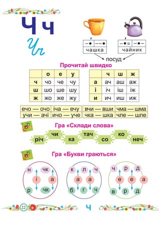 22
Ч ч
посуд
Прочитай швидко
–●= –●–
чайник
–● ––●
чашка
′ ′
о е у
ч чо че чу
ш шо ше шу
ж жо же жу
ч ш ж
а ач аш аж
і іч іш іж
и ич иш иж
ечо — очо іча — ечу
учи — ачі ичо — уче
вчи — вши чма — шма
чка — шка чле — шле
Гра «Склади слова»
річ ка
чи
со
тач ко
неч
Гра «Букви граються»
л
к ч
а а
г ч
б
н чк
і а
чк
р
Ч
р
ч д
е е
р д
в
а
 