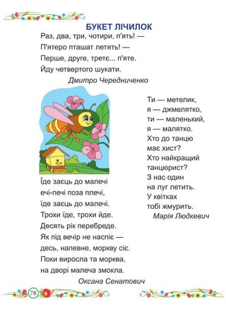 78
Раз, два, три, чотири, п'ять! —
П'ятеро пташат летять! —
Перше, друге, третє... п'яте.
Йду четвертого шукати.
Дмитро Чередниченко
БУКЕТ ЛІЧИЛОК
Ти — метелик,
я — джмелятко,
ти — маленький,
я — малятко.
Хто до танцю
має хист?
Хто найкращий
танцюрист?
З нас один
на луг летить.
У квітках
тобі жмурить.
Марія Людкевич
Їде заєць до малечі
ечі-печі поза плечі,
їде заєць до малечі.
Трохи їде, трохи йде.
Десять рік перебреде.
Як під вечір не наспіє —
десь, напевне, моркву сіє.
Поки виросла та морква,
на дворі малеча змокла.
Оксана Сенатович
 