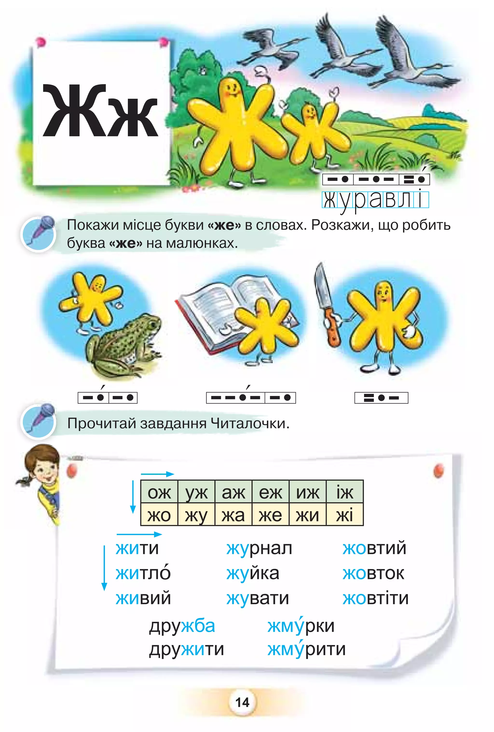 14
Жж
жити журнал жовтий
житлî жуйка жовток
живий жувати жовтіти
Покажи місце букви «же» в словах. Розкажи, що робить
буква «же» на малюнках.
дружба жмóрки
дружити жмóрити
Прочитай завдання Читалочки.
ож уж аж еж иж іж
жо жу жа же жи жі
 