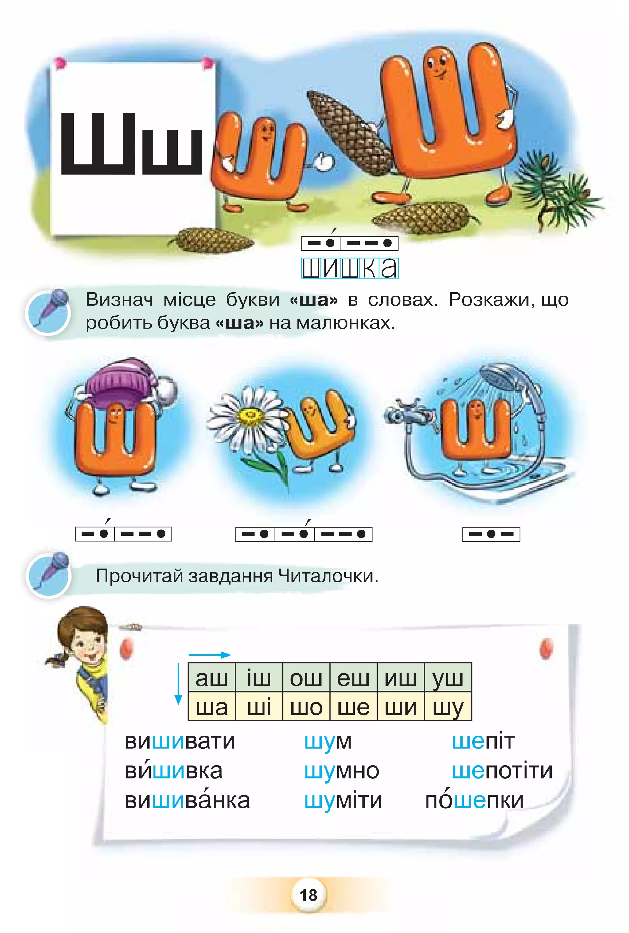 18
Шш
вишивати шум шепіт
вèшивка шумно шепотіти
вишивàнка шуміти пîшепки
Визнач місце букви «ша» в словах. Розкажи, що
робить буква «ша» на малюнках.
Прочитай завдання Читалочки.
аш іш ош еш иш уш
ша ші шо ше ши шу
 