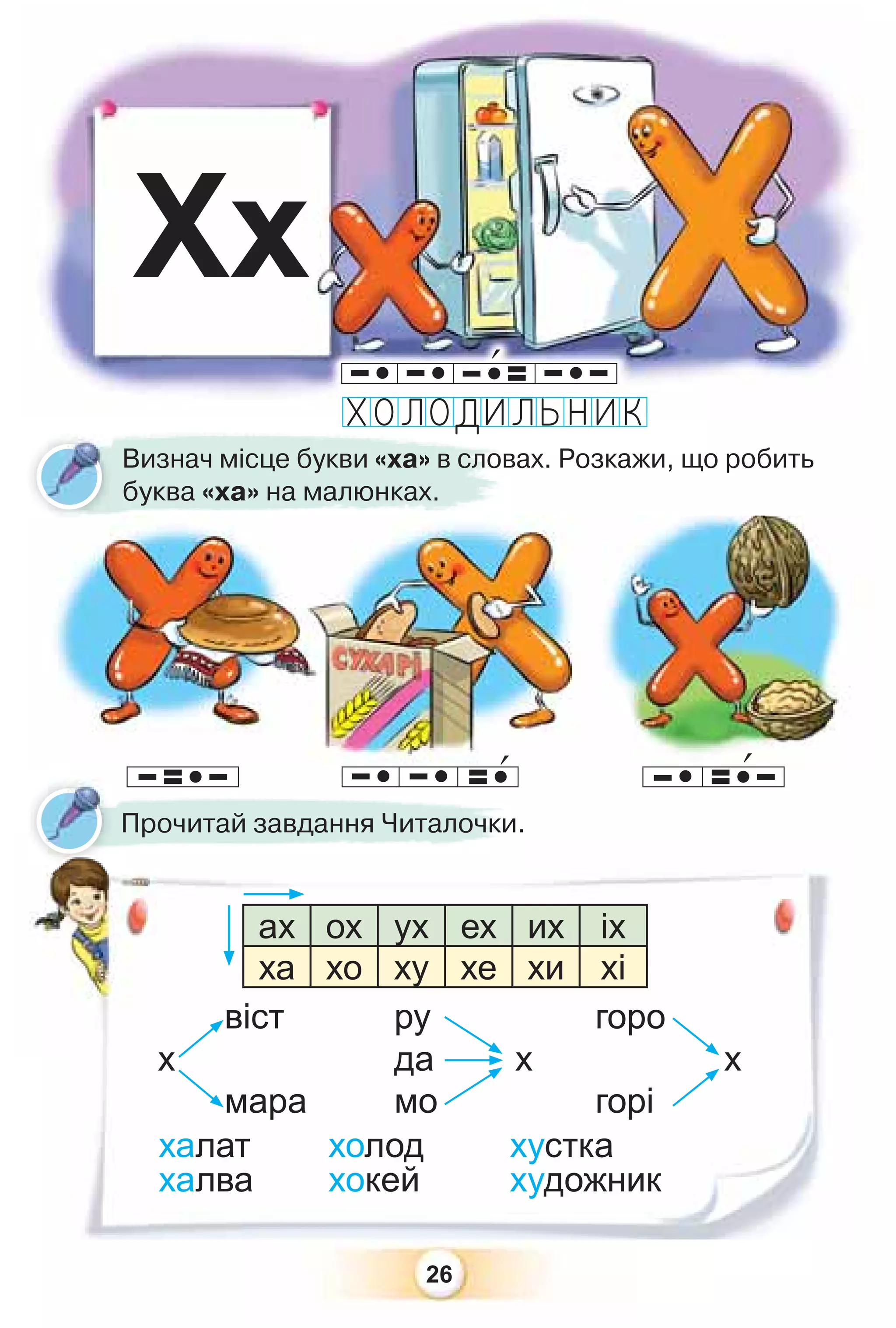 26
Хх
халат холод хустка
халва хокей художник
Визнач місце букви «ха» в словах. Розкажи, що робить
буква «ха» на малюнках.
Прочитай завдання Читалочки.
віст ру горо
х да х х
мара мо горі
ах ох ух ех их іх
ха хо ху хе хи хі
 