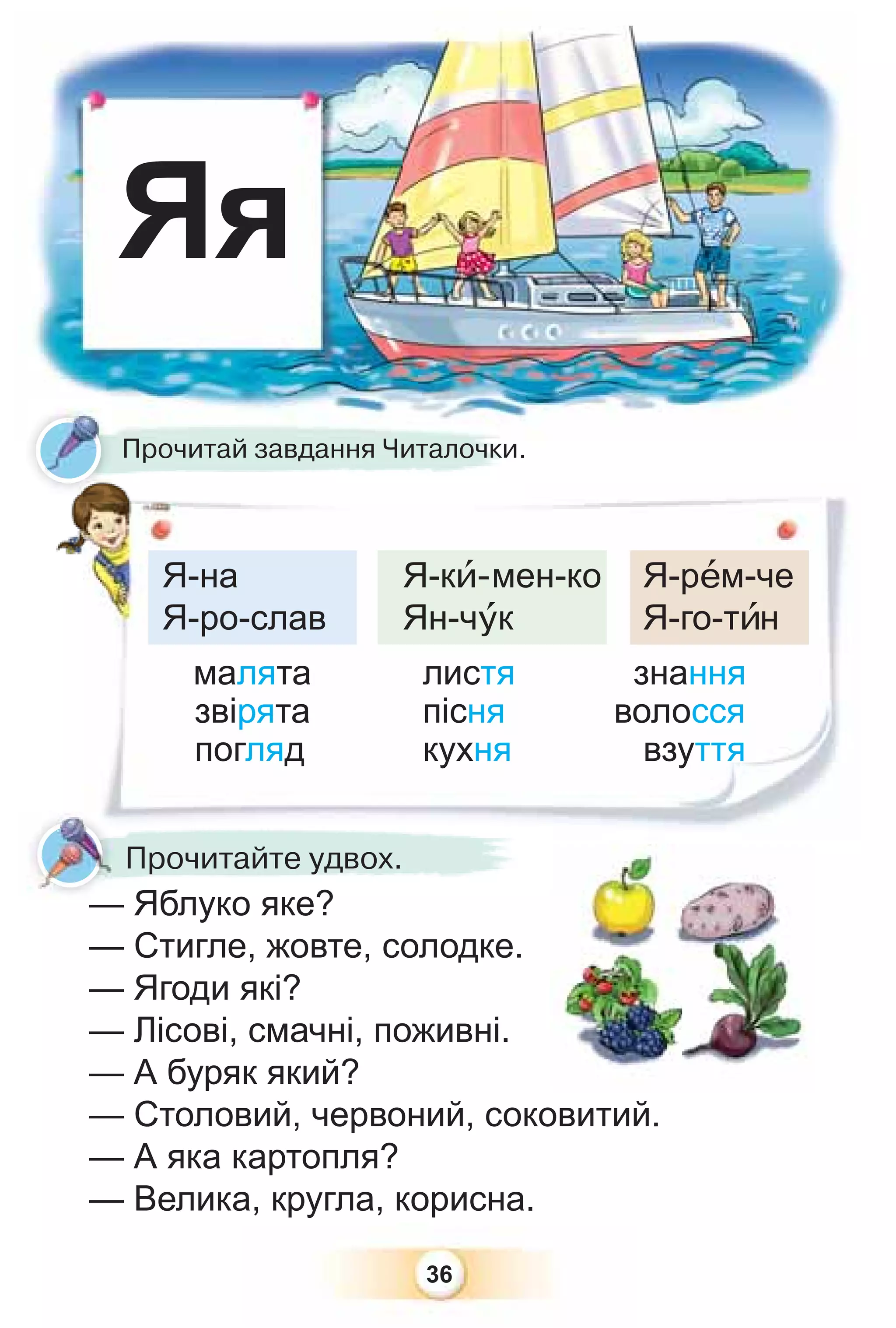 36
Яя
Прочитай завдання Читалочки.
ро
Я-на Я-кè-мен-ко Я-рåм-че
Я-ро-слав Ян-чóк Я-го-тèн
малята листя знання
звірята пісня волосся
погляд кухня взуття
Прочитайте удвох.
— Яблуко яке?
— Стигле, жовте, солодке.
— Ягоди які?
— Лісові, смачні, поживні.
— А буряк який?
— Столовий, червоний, соковитий.
— А яка картопля?
— Велика, кругла, корисна.
 