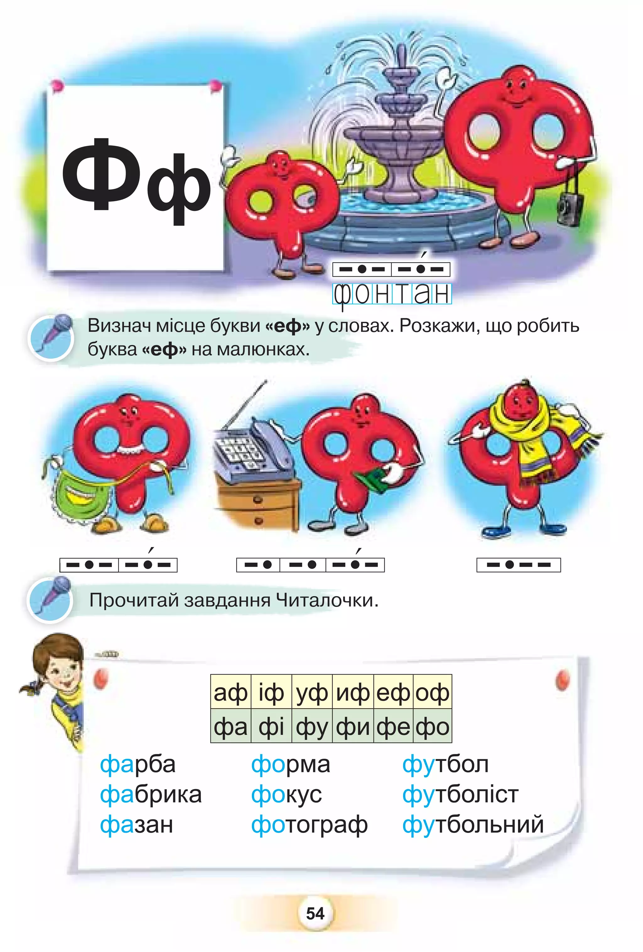 54
54
Фф
Визнач місце букви «еф» у словах. Розкажи, що робить
буква «еф» на малюнках.
Прочитай завдання Читалочки.
фарба форма футбол
фабрика фокус футболіст
фазан фотограф футбольний
аф іф уф иф еф оф
фа фі фу фи фе фо
 