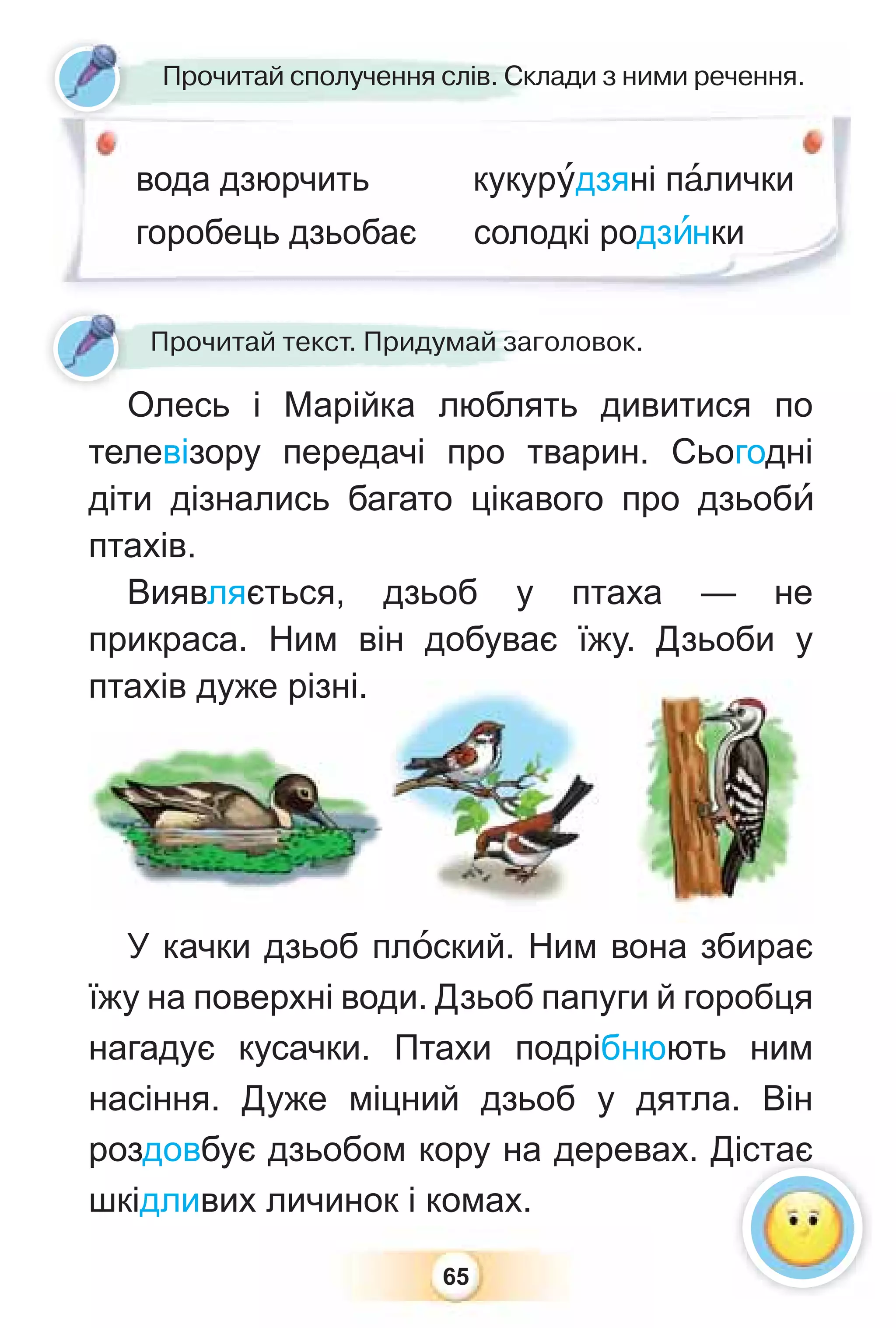 65
Прочитай сполучення слів. Склади з ними речення.
Прочитай текст. Придумай заголовок.
вода дзюрчить кукурóдзяні пàлички
горобець дзьобає солодкі родзèнки
Олесь і Марійка люблять дивитися по
телевізору передачі про тварин. Сьогодні
діти дізнались багато цікавого про дзьобè
птахів.
Виявляється, дзьоб у птаха — не
прикраса. Ним він добуває їжу. Дзьоби у
птахів дуже різні.
У качки дзьоб плîский. Ним вона збирає
їжу на поверхні води. Дзьоб папуги й горобця
нагадує кусачки. Птахи подрібнюють ним
насіння. Дуже міцний дзьоб у дятла. Він
роздовбує дзьобом кору на деревах. Дістає
шкідливих личинок і комах.
О
Дістає
 