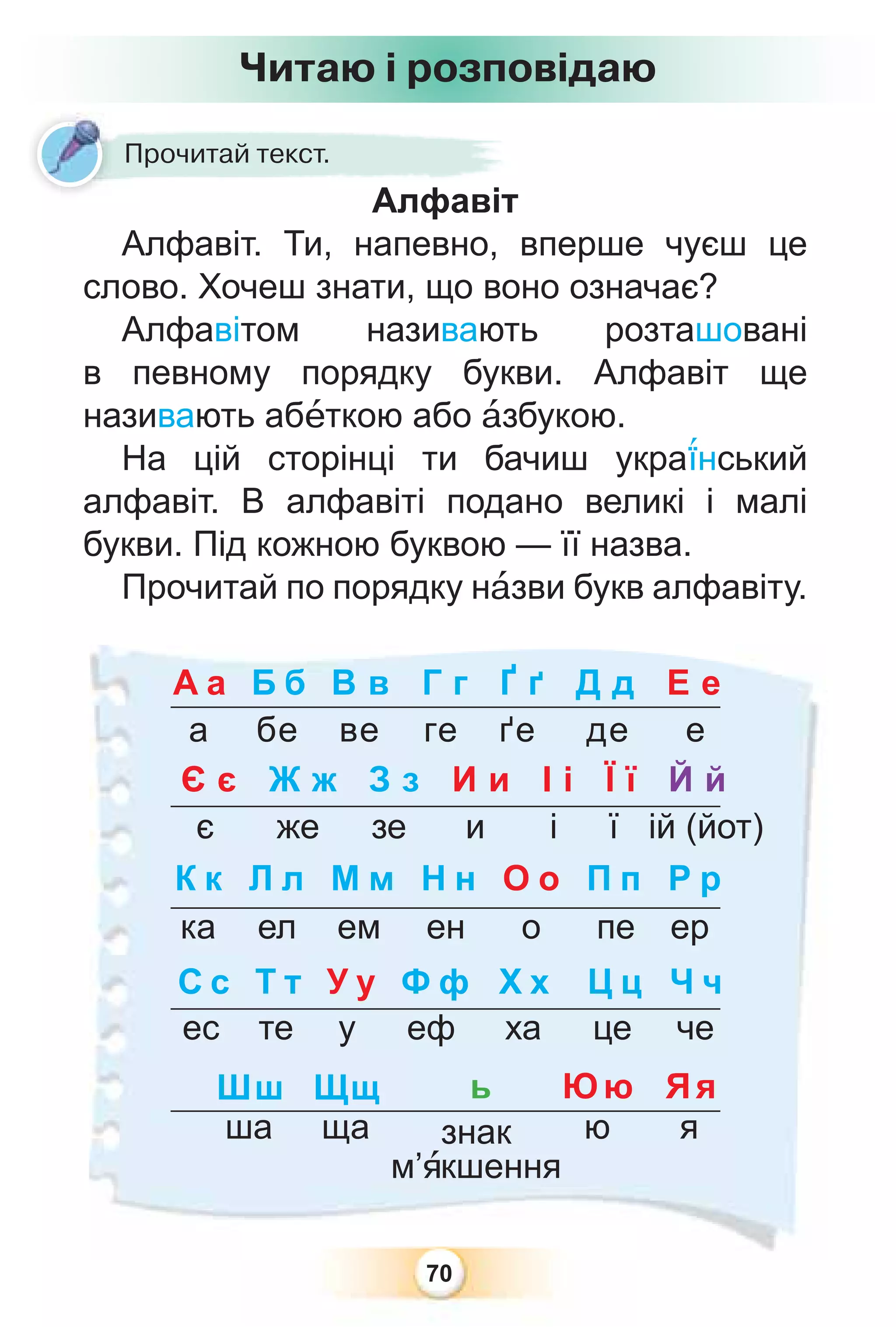 70
Алфавіт
Алфавіт. Ти, напевно, вперше чуєш це
слово. Хочеш знати, що воно означає?
Алфавітом називають розташовані
в певному порядку букви. Алфавіт ще
називають абåткою або àзбукою.
На цій сторінці ти бачиш укра¿нський
алфавіт. В алфавіті подано великі і малі
букви. Під кожною буквою — її назва.
Прочитай по порядку нàзви букв алфавіту.
Читаю і розповідаю
Алфавіт
Прочитай текст.
знак
м’ÿкшення
Шш Щщ
а бе ве ге ґе де е
є же зе и і ї ій (йот)
ка ел ем ен о пе ер
ес те у еф ха це че
я
ша ща ю
А а Б б В в Г г Ґ ґ Д д Е е
Є є Ж ж З з И и І і Ї ї Й й
К к Л л М м Н н О о П п Р р
С с Т т У у Ф ф Х х Ц ц Ч ч
ь Юю Яя
 