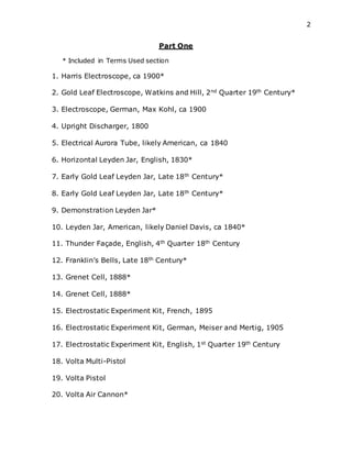 2
Part One
* Included in Terms Used section
1. Harris Electroscope, ca 1900*
2. Gold Leaf Electroscope, Watkins and Hill, 2nd Quarter 19th Century*
3. Electroscope, German, Max Kohl, ca 1900
4. Upright Discharger, 1800
5. Electrical Aurora Tube, likely American, ca 1840
6. Horizontal Leyden Jar, English, 1830*
7. Early Gold Leaf Leyden Jar, Late 18th Century*
8. Early Gold Leaf Leyden Jar, Late 18th Century*
9. Demonstration Leyden Jar*
10. Leyden Jar, American, likely Daniel Davis, ca 1840*
11. Thunder Façade, English, 4th Quarter 18th Century
12. Franklin’s Bells, Late 18th Century*
13. Grenet Cell, 1888*
14. Grenet Cell, 1888*
15. Electrostatic Experiment Kit, French, 1895
16. Electrostatic Experiment Kit, German, Meiser and Mertig, 1905
17. Electrostatic Experiment Kit, English, 1st Quarter 19th Century
18. Volta Multi-Pistol
19. Volta Pistol
20. Volta Air Cannon*
 