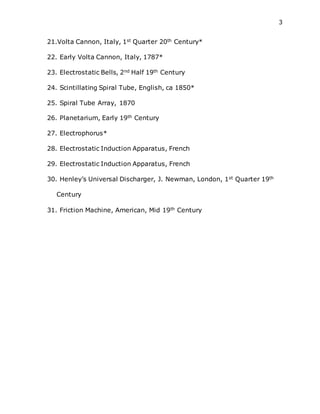 3
21.Volta Cannon, Italy, 1st Quarter 20th Century*
22. Early Volta Cannon, Italy, 1787*
23. Electrostatic Bells, 2nd Half 19th Century
24. Scintillating Spiral Tube, English, ca 1850*
25. Spiral Tube Array, 1870
26. Planetarium, Early 19th Century
27. Electrophorus*
28. Electrostatic Induction Apparatus, French
29. Electrostatic Induction Apparatus, French
30. Henley’s Universal Discharger, J. Newman, London, 1st Quarter 19th
Century
31. Friction Machine, American, Mid 19th Century
 