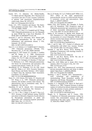 Joachim Storsberg et al. / American Journal of Immunology 2016, ■■ (■): ■■■.■■■
DOI: 10.3844/ajisp.2016.■■■.■■■
■■■
Eurich, D.T., J.J. Johnstone, J.K. Minhas-Sandhu,
T.J. Marrie and S.R. Majumdar, 2012. Pneumococcal
vaccination and risk of acute coronary syndromes
in patients with pneumonia: Population-based
cohort study. Heart, 98: 1072-1077.
DOI: 10.1136/heartjnl-2012-301743
Evans, A.S., 1976. Causation and disease: The Henle-
Koch postulates revisited. Yale J. Biol. Med., 49:
175-195. PMID: 782050
Grayston, J.T., C.C. Kuo, L.A. Campbell and S.P. Wang,
1989. Chlamydia pneumoniae sp. nov. for Chlamydia
sp. strain TWAR. Int. J. Syst. Evol. Microbiol., 39:
88-90. DOI: 10.1099/00207713-39-1-88
Gronwall, C. and G.J. Silverman, 2014. Natural IgM:
Beneficial autoantibodies for the control of
inflammatory and autoimmune disease. J. Clin.
Immunol., 34: S12-S21.
DOI: 10.1007/s10875-014-0025-4
Kuo, C.C., L.A. Jackson, L.A. Campbell and J.T. Grayston,
1995. Chlamydia pneumoniae (TWAR). Clin.
Microbiol. Rev., 8: 451-461. PMID: 8665464
Lamontagne, F., M.P. Garant, J.C. Carvalho, L. Lanthier
and M. Smieja et al., 2008. Pneumococcal
vaccination and risk of myocardial infarction.
CMAJ, 179: 773-777. DOI: 10.1503/cmaj.070221
Mendall, M.A., D. Carrington, D. Strachan, P. Patel and
N. Molineaux et al., 1995. Chlamydia pneumoniae:
risk factors for seropositivity and association with
coronary heart disease. J Infect, 30: 121-128.
Mozaffarian, D., E.J. Benjamin, A.S. Go, D.K. Arnett
and M.J. Blaha et al., 2016. Executive Summary:
Heart Disease and Stroke Statistics—2016 Update:
A Report from the American Heart Association.
Circulation, 133: 447-454.
DOI: 10.1161/CIR.0000000000000366
Nieto, F.J., A.R. Folsom, P.D. Sorlie, J.T. Grayston and
S.P. Wang et al., 1999. Chlamydia pneumoniae
infection and incident coronary heart disease: The
atherosclerosis risk in communities study. Am. J.
Epidemiol., 150: 149-156.
Pulendran, B. and R. Ahmed, 2011. Immunological
mechanisms of vaccination. Nat. Immunol., 12:
509-517. DOI: 10.1038/ni.2039
Qu, J., L. Gu, J. Wu, J. Dong, Z. Pu and Y. Gao et al.,
2013. Accuracy of IgM antibody testing, FQ-PCR
and culture in laboratory diagnosis of acute infection
by Mycoplasma pneumoniae in adults and
adolescents with community-acquired pneumonia.
BMC Infect. Dis., 13: 172-172.
DOI: 10.1186/1471-2334-13-172
Ren, S., D. Newby, S.C. Li, E. Walkom and P. Miller et al.,
2015. Effect of the adult pneumococcal
polysaccharide vaccine on cardiovascular disease:
A systematic review and meta-analysis. Open
Heart, 2: e000247-e000247.
DOI: 10.1136/openhrt-2015-000247
Ridker, P.M., R.B. Kundsin, M.J. Stampfer, S. Poulin
and C.H. Hennekens, 1999. Prospective study of
Chlamydia pneumoniae IgG seropositivity and risks
of future myocardial infarction.Circulation, 99:
1161-1164. DOI: 10.1161/01.CIR.99.9.1161
Saikku, P., M. Leinonen, K. Mattila, M.R. Ekman and
M.S. Nieminen et al., 1988. Serological evidence of
an association of a novel Chlamydia, TWAR, with
chronic coronary heart disease and acute myocardial
infarction. Lancet, 2: 983-986.
DOI: 10.1016/S0140-6736(88)90741-6
Salk, J. and D. Salk, 1977. Control of influenza and
poliomyelitis with killed virus vaccines. Science,
195: 834-847. DOI: 10.1126/science.320661
Schmidt, C. and M.A. Brown, 2015a. Relating the
pendulum of democracy with oncology research. J.
Clin. Exp. Oncol., 4: 1-3.
DOI: 10.4172/2324-9110.1000e110
Schmidt, C. and M.A. Brown, 2015b. The sins of
omission. J. Clin. Exp. Oncol.
DOI: 10.4172/2324-9110.1000e109
Siegel, R.L., K.D. Miller and A. Jemal, 2016. Cancer
statistics, 2016. CA: Cancer J. Clin., 66: 7-30.
DOI: 10.3322/caac.21332
Søgaard, O.S., 2015. Does pneumococcal vaccination
prevent myocardial infarction and stroke in elderly
adults? Open Heart, 2: e000306-e000306.
DOI: 10.1136/openhrt-2015-000306
Storsberg, J. and C. Schmidt, 2015. Nanomaterials—
tools, technology and methodology of
nanotechnology based biomedical systems for
diagnostics and therapy. Biomedicines, 3: 203-223.
DOI: 10.3390/biomedicines3030203
Tsimikas, S., C. Bergmark, R.W. Beyer, R. Patel and J.
Pattison et al., 2003. Temporal increases in plasma
markers of oxidized low-density lipoprotein strongly
reflect the presence of acute coronary syndromes. J.
Am. Coll. Cardiol., 41: 360-370.
DOI: 10.1016/S0735-1097(02)02769-9
Wagels, G., S. Rasmussen and P. Timms, 1994.
Comparison of Chlamydia pneumoniae isolates by
western blot (immunoblot) analysis and DNA
sequencing of the omp 2 gene. J. Clin. Microbiol.,
32: 2820-2823. PMID: 7852577
 