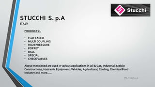 STUCCHI S. p.A
ITALY
PRODUCTS:-
• FLAT FACED
• MULTI COUPLING
• HIGH PRESSURE
• POPPET
• BALL
• SPECIAL
• CHECKVALVES
Above mentioned are used in various applications in Oil & Gas, Industrial, Mobile
Constructions, Hydraulic Equipment, Vehicles, Agricultural, Cooling, Chemical Food
Industry and more…..
©TMI, All Rights Reserved
 