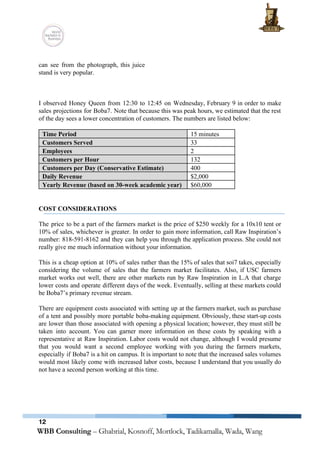  
 
can see from the photograph, this juice             
stand is very popular. 
 
 
 
I observed Honey Queen from 12:30 to 12:45 on Wednesday, February 9 in order to make                               
sales projections for Boba7. Note that because this was peak hours, we estimated that the rest                               
of the day sees a lower concentration of customers. The numbers are listed below:  
 
Time Period  15 minutes 
Customers Served  33 
Employees  2 
Customers per Hour  132 
Customers per Day (Conservative Estimate)  400 
Daily Revenue  $2,000  
Yearly Revenue (based on 30­week academic year)  $60,000  
 
 
COST CONSIDERATIONS 
 
The price to be a part of the farmers market is the price of $250 weekly for a 10x10 tent or                                         
10% of sales, whichever is greater. In order to gain more information, call Raw Inspiration’s                             
number: 818­591­8162 and they can help you through the application process. She could not                           
really give me much information without your information. 
 
This is a cheap option at 10% of sales rather than the 15% of sales that soi7 takes, especially                                     
considering the volume of sales that the farmers market facilitates. Also, if USC farmers                           
market works out well, there are other markets run by Raw Inspiration in L.A that charge                               
lower costs and operate different days of the week. Eventually, selling at these markets could                             
be Boba7’s primary revenue stream. 
 
There are equipment costs associated with setting up at the farmers market, such as purchase                             
of a tent and possibly more portable boba­making equipment. Obviously, these start­up costs                         
are lower than those associated with opening a physical location; however, they must still be                             
taken into account. You can garner more information on these costs by speaking with a                             
representative at Raw Inspiration. Labor costs would not change, although I would presume                         
that you would want a second employee working with you during the farmers markets,                           
especially if Boba7 is a hit on campus. It is important to note that the increased sales volumes                                   
would most likely come with increased labor costs, because I understand that you usually do                             
not have a second person working at this time. 
   
12
 
 