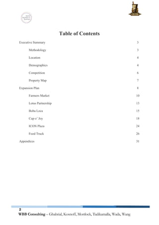  
 
Table of Content​s 
 
Executive Summary 3 
Methodology 3 
 
Location    4 
 
Demographics    4 
 
Competition    6 
 
Property Map    7 
 
Expansion Plan    8 
 
Farmers Market   10 
 
Lotus Partnership   13 
 
Boba Loca   15 
 
Cup o’ Joy   18 
 
ICON Plaza   24 
 
Food Truck   26 
 
Appendices   31 
 
 
 
   
2
 
 