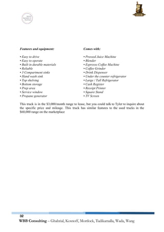  
 
 
 
 
 
Features and equipment: 
 
• Easy to drive 
• Easy to operate 
• Built in durable materials 
• Reliable 
• 3 Compartment sinks 
• Hand wash sink 
• Top shelving 
• Bottom storage 
• Prep area 
• Service window 
• Propane generator 
Comes with: 
 
• Pressed Juice Machine 
• Blender 
• Espresso Coffee Machine 
• Coffee Grinder 
• Drink Dispenser 
• Under the counter refrigerator 
• Large / Tall Refrigerator 
• Cash Register 
• Receipt Printer 
• Square Stand 
• TV Screen  
 
This truck is in the $3,000/month range to lease, but you could talk to Tyler to inquire about                                   
the specific price and mileage. This truck has similar features to the used trucks in the                               
$60,000 range on the marketplace 
 
   
32
 
 