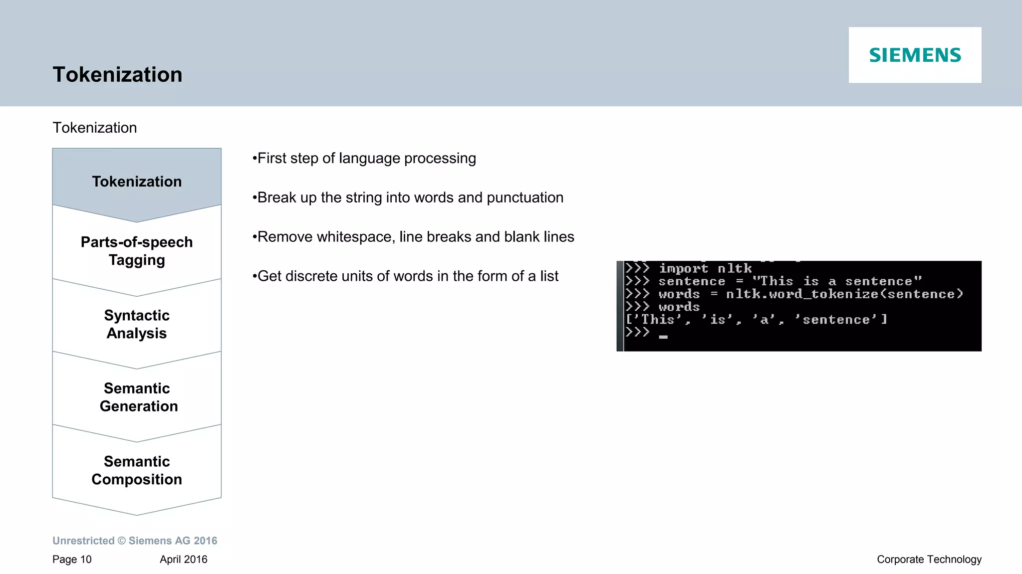 Unrestricted © Siemens AG 2016
April 2016Page 10 Corporate Technology
Tokenization
Tokenization
Tokenization
Syntactic
Analysis
Parts-of-speech
Tagging
Semantic
Generation
Semantic
Composition
•First step of language processing
•Break up the string into words and punctuation
•Remove whitespace, line breaks and blank lines
•Get discrete units of words in the form of a list
 