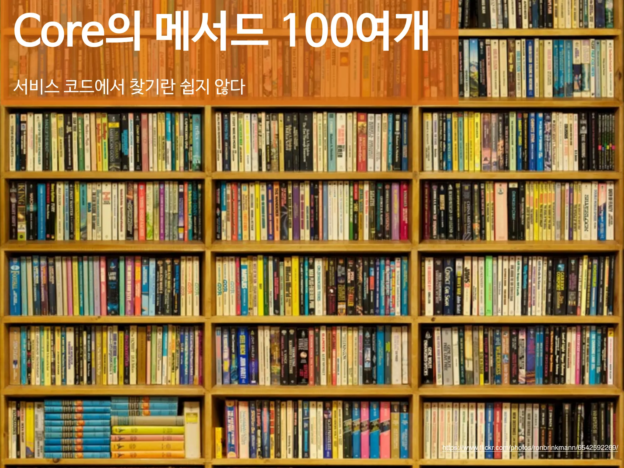 Core의 메서드 100여개 
! 
서비스 코드에서 찾기란 쉽지 않다 
https://www.flickr.com/photos/ronbrinkmann/6542592269/ 
 
