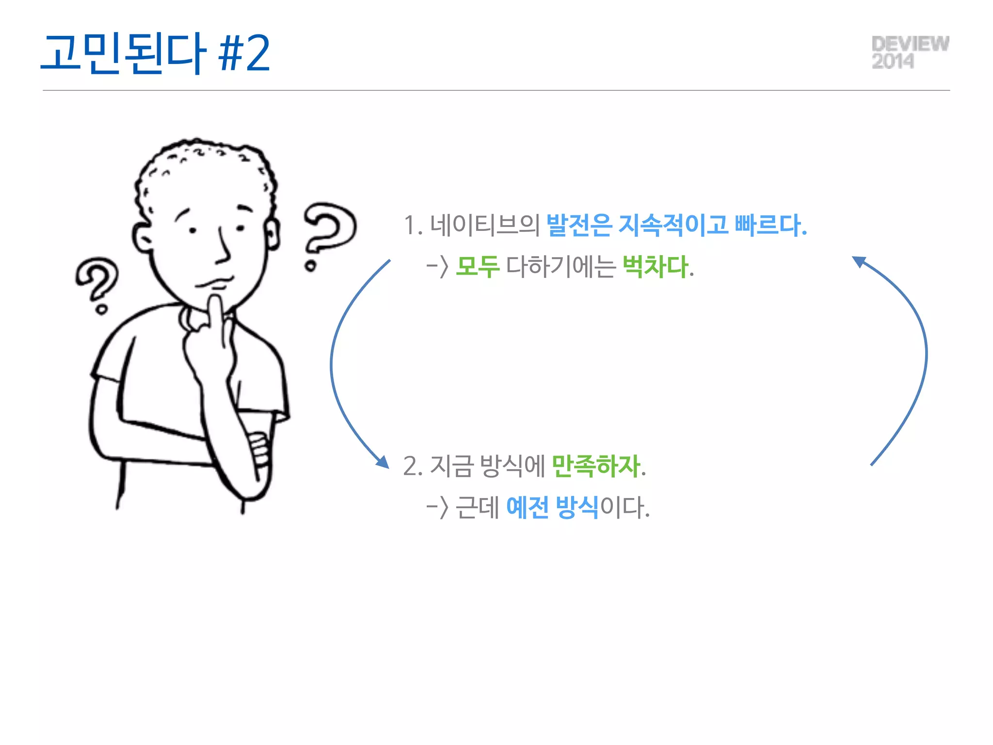 고민된다 #2 
1. 네이티브의 발전은 지속적이고 빠르다. 
-> 모두 다하기에는 벅차다. 
2. 지금 방식에 만족하자. 
-> 근데 예전 방식이다. 
 