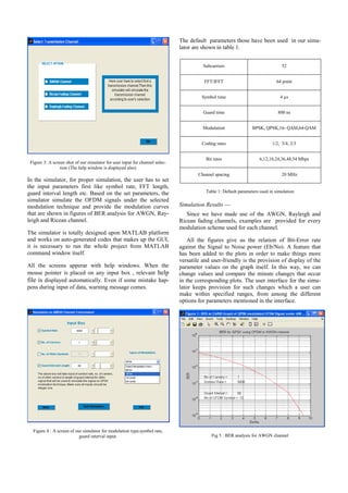 Figure 3: A screen shot of our simulator for user input for channel selec-
tion (The help window is displayed also)
In the simulator, for proper simulation, the user has to set
the input parameters first like symbol rate, FFT length,
guard interval length etc. Based on the set parameters, the
simulator simulate the OFDM signals under the selected
modulation technique and provide the modulation curves
that are shown in figures of BER analysis for AWGN, Ray-
leigh and Ricean channel.
The simulator is totally designed upon MATLAB platform
and works on auto-generated codes that makes up the GUI,
it is necessary to run the whole project from MATLAB
command window itself.
All the screens apperar with help windows. When the
mouse pointer is placed on any input box , relevant help
file is displayed automatically. Even if some mistake hap-
pens during input of data, warning message comes.
Figure 4 : A screen of our simulator for modulation type,symbol rate,
guard interval input.
The default parameters those have been used in our simu-
lator are shown in table 1.
Table 1: Default parameters used in simulation
Simulation Results ---
Since we have made use of the AWGN, Rayleigh and
Ricean fading channels, examples are provided for every
modulation scheme used for each channel.
All the figures give us the relation of Bit-Error rate
against the Signal to Noise power (Eb/No). A feature that
has been added to the plots in order to make things more
versatile and user-friendly is the provision of display of the
parameter values on the graph itself. In this way, we can
change values and compare the minute changes that occur
in the corresponding plots. The user interface for the simu-
lator keeps provision for such changes which a user can
make within specified ranges, from among the different
options for parameters mentioned in the interface.
Fig 5 : BER analysis for AWGN channel
Subcarriers 52
FFT/IFFT 64 point
Symbol time 4 µs
Guard time 800 ns
Modulation BPSK, QPSK,16- QAM,64-QAM
Coding rates 1/2, 3/4, 2/3
Bit rates 6,12,18,24,36,48,54 Mbps
Channel spacing 20 MHz
 