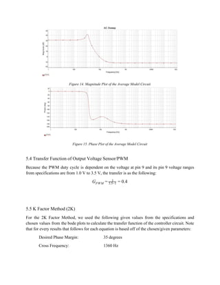  
Figure 14. Magnitude Plot of the Average Model Circuit 
 
Figure 15. Phase Plot of the Average Model Circuit 
 
5.4 Transfer Function of Output Voltage Sensor/PWM 
Because the PWM duty cycle is dependent on the voltage at pin 9 and its pin 9 voltage ranges                                     
from specifications are from 1.0 V to 3.5 V, the transfer is as the following: 
.4 GPWM = 1
3.5−1 = 0  
 
 
5.5 K Factor Method (2K) 
For the 2K Factor Method, we used the following given values from the specifications and                             
chosen values from the bode plots to calculate the transfer function of the controller circuit. Note                               
that for every results that follows for each equation is based off of the chosen/given parameters: 
Desired Phase Margin: 35 degrees 
Cross Frequency: 1360 Hz 
 