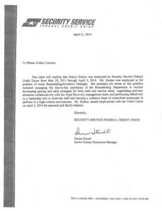 Denny Huston letter of recommendation from SSFCU 04212014