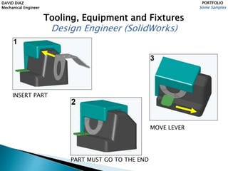 DAVID DIAZ
Mechanical Engineer
PORTFOLIO
Some Samples
Tooling, Equipment and Fixtures
Design Engineer (SolidWorks)
INSERT PART
PART MUST GO TO THE END
MOVE LEVER
 