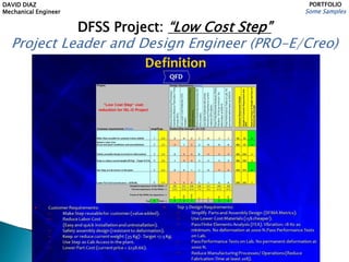 DAVID DIAZ
Mechanical Engineer
PORTFOLIO
Some Samples
DFSS Project: “Low Cost Step”
Project Leader and Design Engineer (PRO-E/Creo)
 