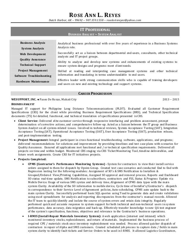 business systems analyst resume