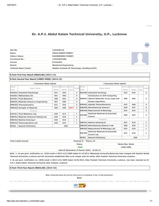 10/27/2015 :: Dr. A.P.J. Abdul Kalam Technical University, U.P., Lucknow ::
http://uptu.net.in/dynamic_marksheet1.aspx 1/1
This is the official Website of Dr. A.P.J. Abdul Kalam Technical University, Lucknow, State Government of Uttar Pradesh (India). | Best viewed in 1024*768 pixel resolution.
Home
Dr. A.P.J. Abdul Kalam Technical University, U.P., Lucknow 
Roll No: 1252540118
Name: VIKAS KUMAR PANDEY
Father's Name: RAGHWENDRA PANDEY
Enrollment No.: 125254041088
Course: B.Tech(04)
Branch: Mechanical Engineering
Institute Name (Code): Buddha Institute Of Technology, Gorakhpur(525)
B.Tech First Year Result (REGULAR) (2012­13)
B.Tech Second Year Result (CARRY­OVER) (2014­15)
3 Semester Marks details
Paper
Code
Paper Name
External
Marks
Sessional
Marks
Carry
Over
Credit
EHU301 Industrial Psychology 027 024 2
EAS301 Mathematics­III 041 045 4
ECE301 Fluid Mechanics 048 042 4
EME301 Materials Science in Engineering 057 048 4
EME303 Thermodynamics 021 024 3
EME302 Strength of Materials 009 048 044* 4
Practical
ECE351 Fluid Mechanics Lab. 029 017 1
EME351 Materials Science & Testing Lab 029 019 1
EME352 Machine Drawing­I 029 019 1
EME353 Thermodynamics Lab 029 019 1
GP301   General Proficiency   048
 4 Semester Marks details
Paper
Code
Paper Name
External
Marks
Sessional
Marks
Carry
Over
Credit
EHU402 Industrial Sociology 033 024 2
EOE041
Introduction to Soft Computing
(Neural Networks, Fuzzy Logic and
Genetic Algorithm)
058 046 4
EME401 Applied Thermodynamics 032 048 4
EME402 Manufacturing Science­I 040 047 4
EME403 Measurement & Metrology 024 024 3
EEE409
Electrical Machines & Automatic
Control
030 043 4
Practical
EME451 Machine Drawing­II 027 019 1
EME452 Manufacturing Science­I Lab 028 019 1
EME453 Measurement & Metrology Lab 024 019 1
EEE459
Electrical Machines & Automatic
Control Lab
027 018 1
GP401   General Proficiency   048
Total Credits Earned Practical: 8    Theory: 42
Status Marks/Max. Marks
    PASS   1385/2000
Date Of Declaration of Result (Odd):  25­05­15
Note : 1. As per govt. notification no. 3324/solah­1­2013­1(3)/2009 dated 31.10.2013, Mahamaya University,Noida has been merged with Gautam Buddh
Technical University, Lucknow and the University established after such merger shall be called, Uttar Pradesh Technical University Lucknow .
2. As per govt. notification no. 2696/solah­1­2015­1(3)/2009 dated 16.09.2015, Uttar Pradesh Technical University, Lucknow, has been renamed as Dr.
A.P.J. Abdul Kalam Technical University Uttar Pradesh, Lucknow.
B.Tech Third Year Result (REGULAR) (2014­15)
Note: University does not own for the errors or omissions, if any, in this statement. 
Back 
 