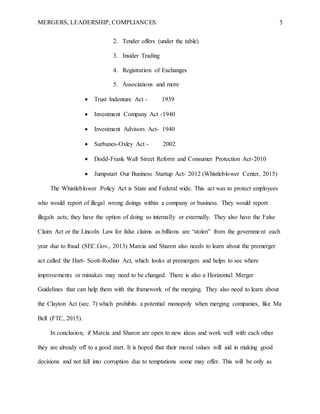 MERGERS, LEADERSHIP, COMPLIANCES 5
2. Tender offers (under the table)
3. Insider Trading
4. Registration of Exchanges
5. Associations and more
 Trust Indenture Act - 1939
 Investment Company Act -1940
 Investment Advisors Act- 1940
 Sarbanes-Oxley Act - 2002
 Dodd-Frank Wall Street Reform and Consumer Protection Act-2010
 Jumpstart Our Business Startup Act- 2012 (Whistleblower Center, 2015)
The Whistleblower Policy Act is State and Federal wide. This act was to protect employees
who would report of illegal wrong doings within a company or business. They would report
illegals acts; they have the option of doing so internally or externally. They also have the False
Claim Act or the Lincoln Law for false claims as billions are “stolen” from the government each
year due to fraud (SEC.Gov., 2013) Marcia and Sharon also needs to learn about the premerger
act called the Hart- Scott-Rodino Act, which looks at premergers and helps to see where
improvements or mistakes may need to be changed. There is also a Horizontal Merger
Guidelines that can help them with the framework of the merging. They also need to learn about
the Clayton Act (sec. 7) which prohibits a potential monopoly when merging companies, like Ma
Bell (FTC, 2015).
In conclusion, if Marcia and Sharon are open to new ideas and work well with each other
they are already off to a good start. It is hoped that their moral values will aid in making good
decisions and not fall into corruption due to temptations some may offer. This will be only as
 